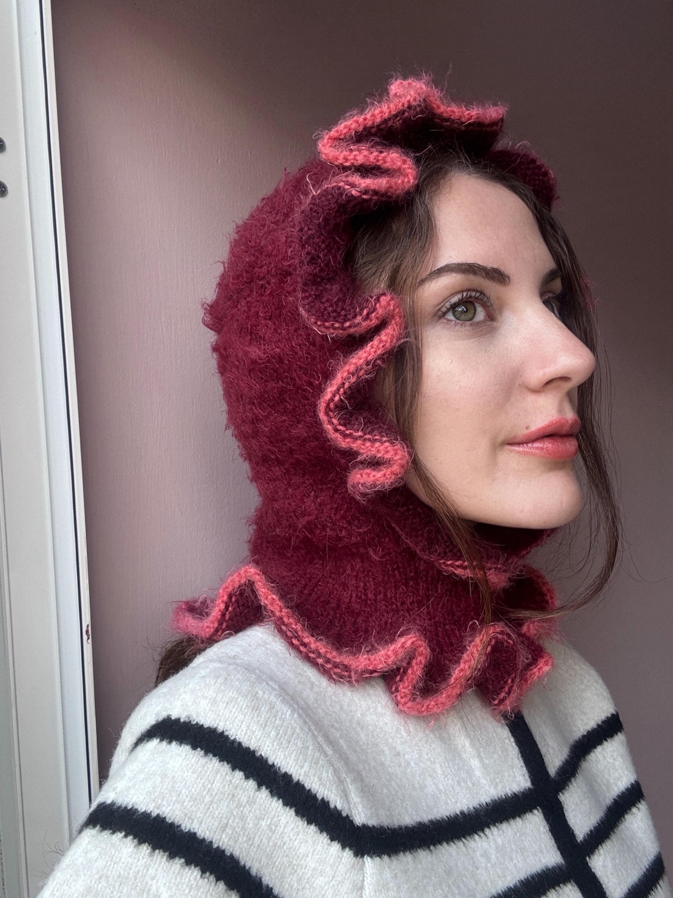 Handmade Burgundy Frill Knit Balaclava – Cozy Winter Hood - Etsy display picture 3