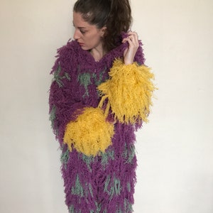 Purple Yellow Shaggy Coat, Hooded Faux Fur Coat, Mongolian Boho Long Coat, Colorful Fringe Jacket, Gift for Her