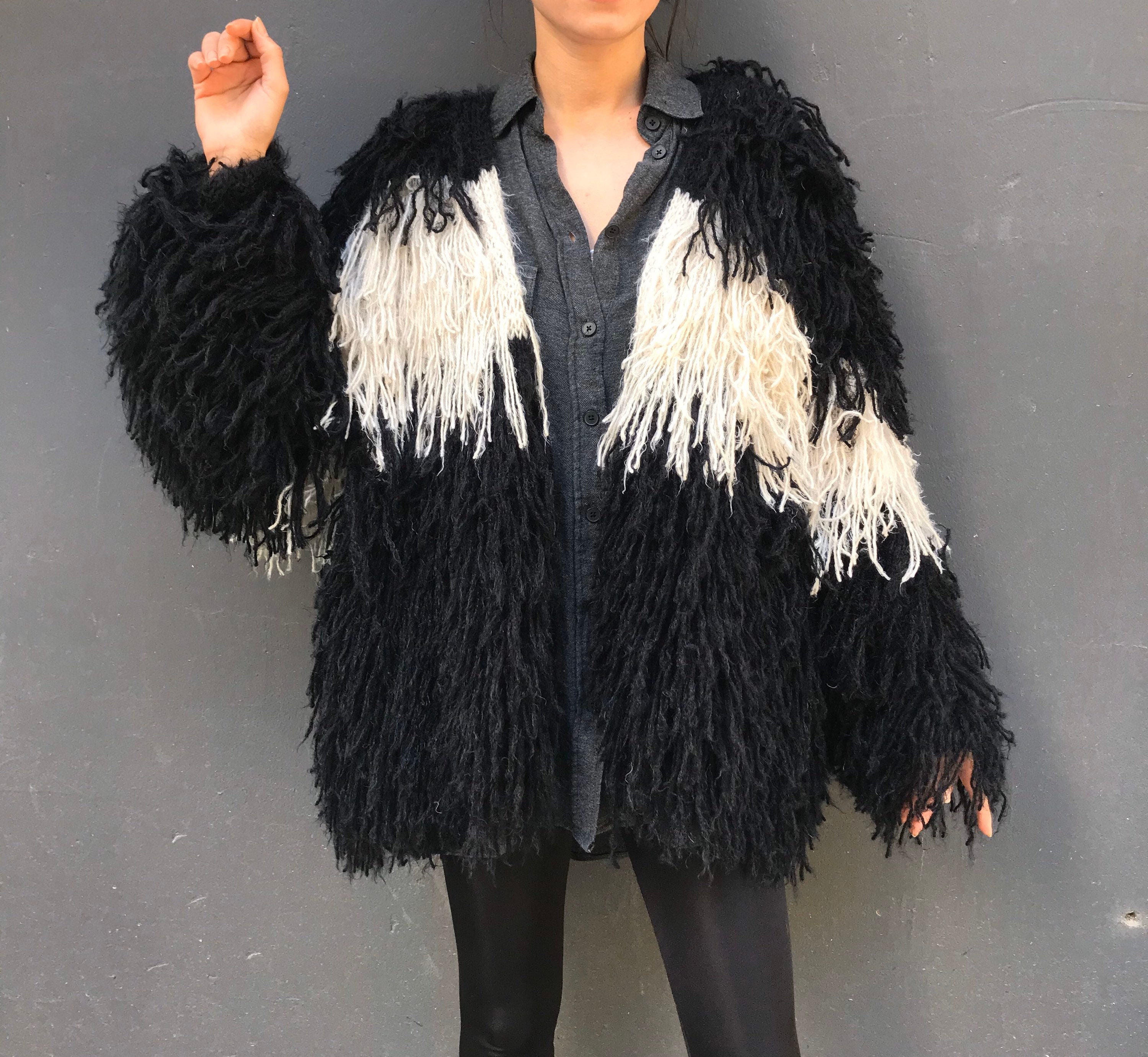Hand Knit Cardigan, Black and White Cardigan, Fringe Coat, Shaggy 