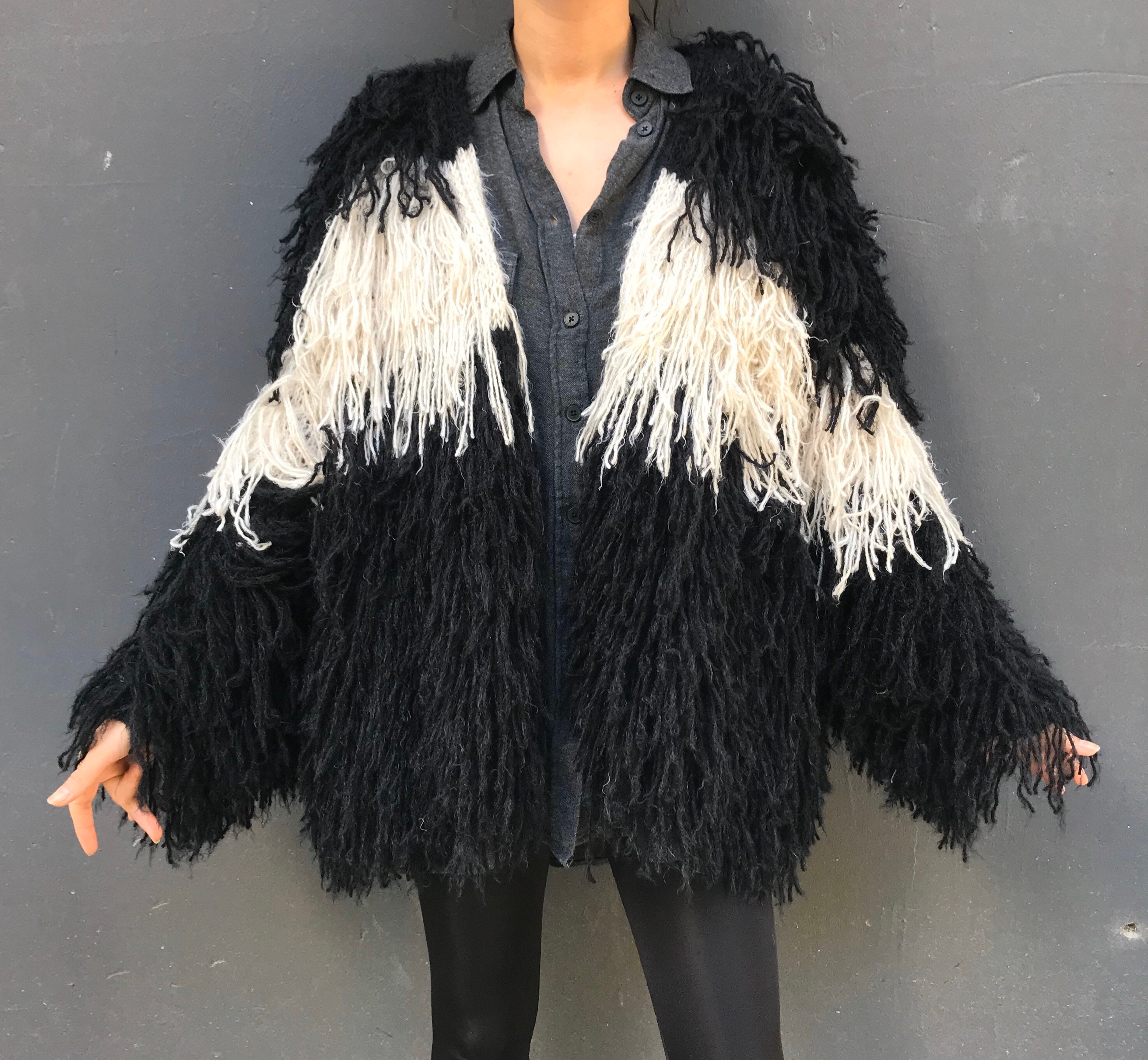 Black and white shaggy cardigan best sale