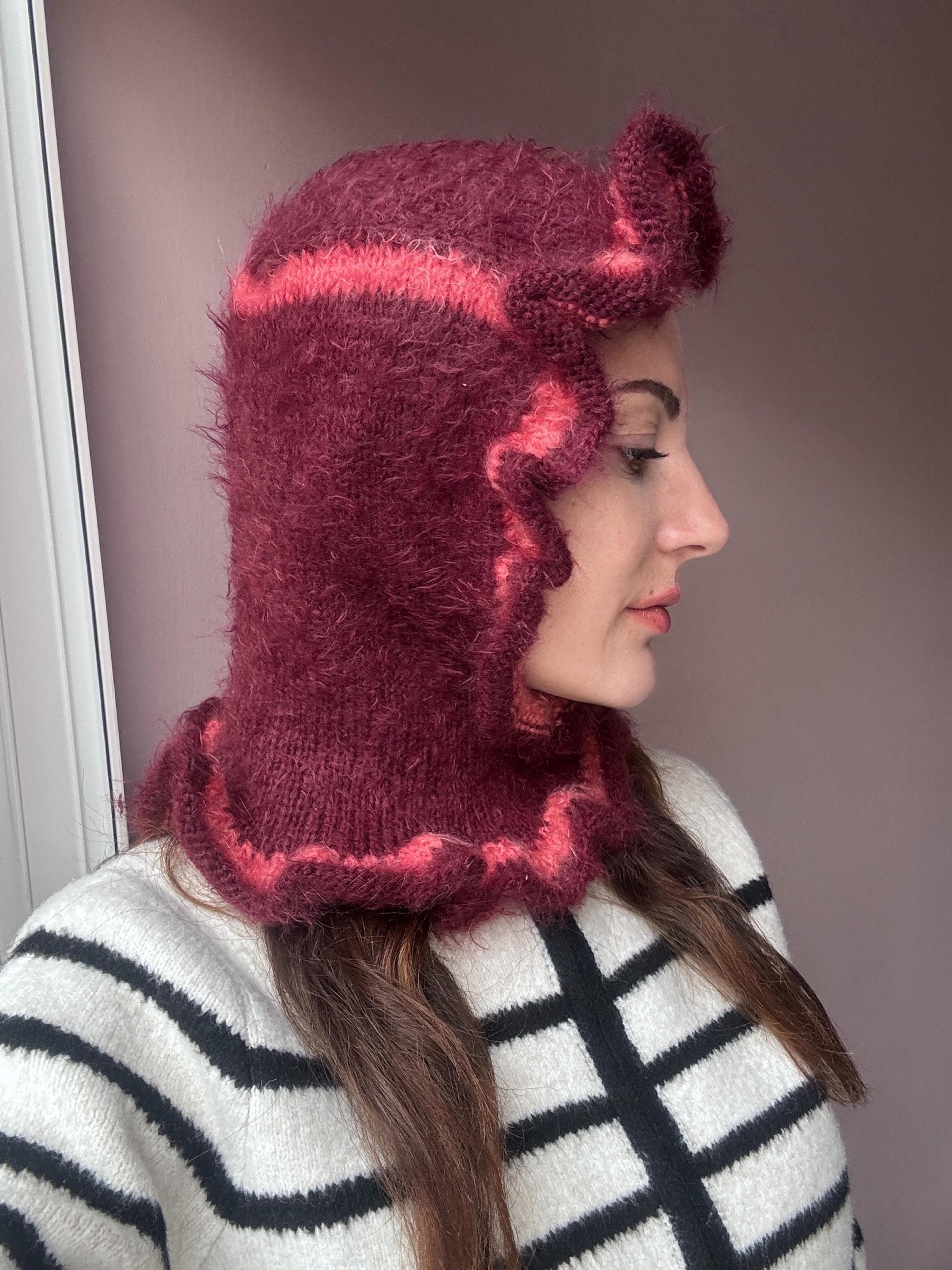 Handmade Burgundy Frill Knit Balaclava – Cozy Winter Hood - Etsy display picture 1