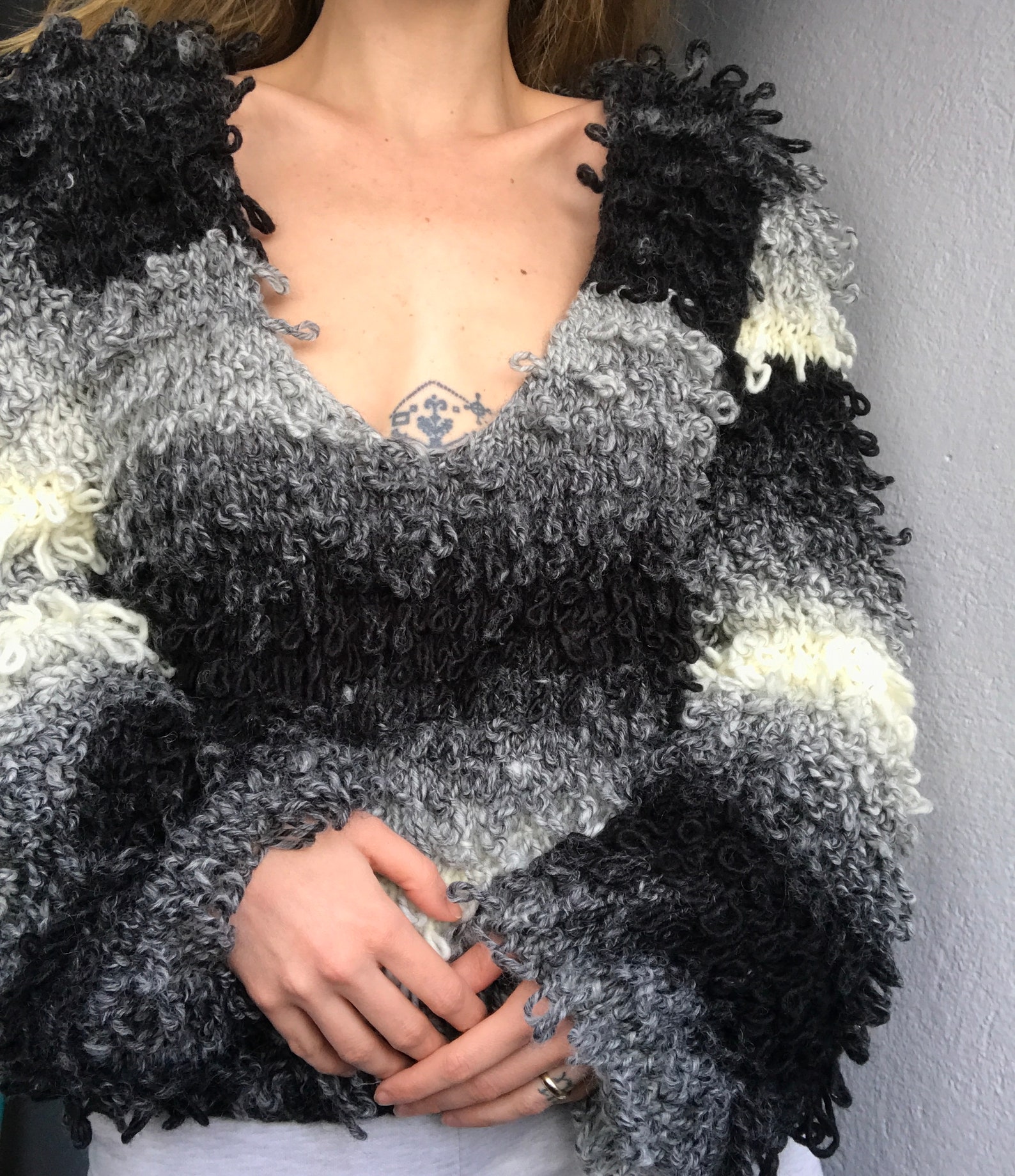 Handmade Ombre Sweater Shaggy Sweater Black and White Etsy