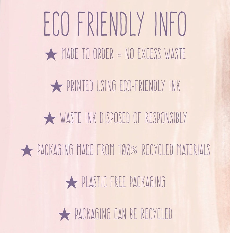 Op de afbeelding: Eco-vriendelijke infographic met een sterpictogram en tekst die de eco-vriendelijke praktijken beschrijft die worden gebruikt bij de productie en verpakking van het product. De tekst omvat: Op bestelling gemaakt = geen overtollige verspilling, Gedrukt met eco-vriendelijke inkt, Afvalinkt wordt verantwoord afgevoerd, Verpakking gemaakt van 100% gerecycleerde materialen, Plasticvrije verpakking, Verpakking kan worden gerecycled.