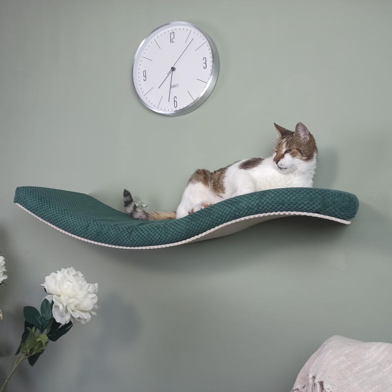May include: A wall-mounted cat shelf with a curved, wave-like design featuring a textured dark green fabric top and a light-colored underside. A white and brown tabby cat is resting on the shelf, positioned below a round silver wall clock.