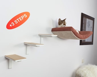 Bundle Cat wall shelf floating cat bed furniture wall Mounted modern cat bed, cat wall shelves, curved cat perch, Cat wall steps A60 Set 1+3
