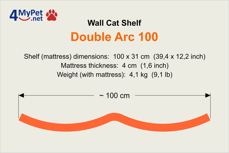 May include: A wall-mounted cat shelf with a double arc design. The shelf is 39.4 inches wide and 12.2 inches deep. The shelf is made of orange-colored material and has a 1.6 inch thick mattress. The shelf is labeled "Double Arc 100".