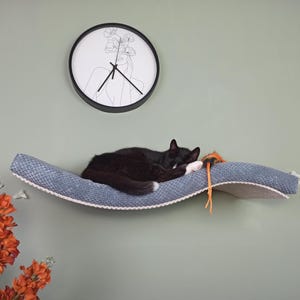 Può includere: Un gatto bianco e nero che dorme su una mensola blu per gatti con un giocattolo. Un orologio con bordo nero e design floreale è appeso al muro sopra la mensola per gatti. La mensola è fissata a una parete verde chiaro.