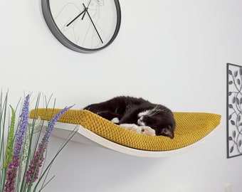 Cat Bed Wall Mounted Floating Wooden  Perch Shelf With Soft Pillow, Solid Sleeper Place, Removable  Washable Cushion, Premium Furniture AW60