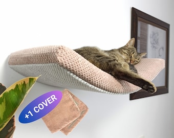 Bundle Cat Shelf Wall Mounted Floating Bed With an Additional Cover, Removable and Washable Cushion, Solid Sleeper Place,  A60+C