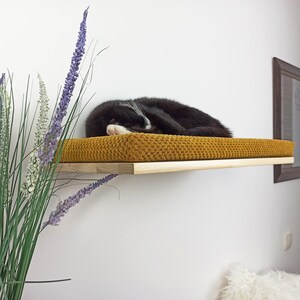 May include: A black and white cat sleeping on a mustard yellow cat bed attached to a wooden shelf. The shelf is mounted on a white wall.