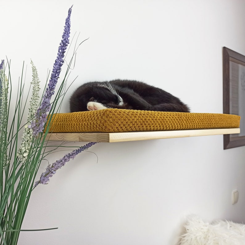 May include: A black and white cat sleeping on a mustard yellow cat bed attached to a wooden shelf. The shelf is mounted on a white wall.