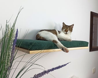 Wood Wall Mounted Cat shelf Floating  Bed With Pillow, Solid Sleeper Place, Removable and Washable Cushion, Quality Furniture FW60