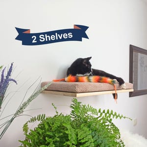 May include: A wall-mounted wooden cat shelf featuring a textured beige cushion. A black and white cat rests on the shelf next to a colorful, multi-colored faux fur toy. A dark blue banner graphic with the white text 2 Shelves is visible.