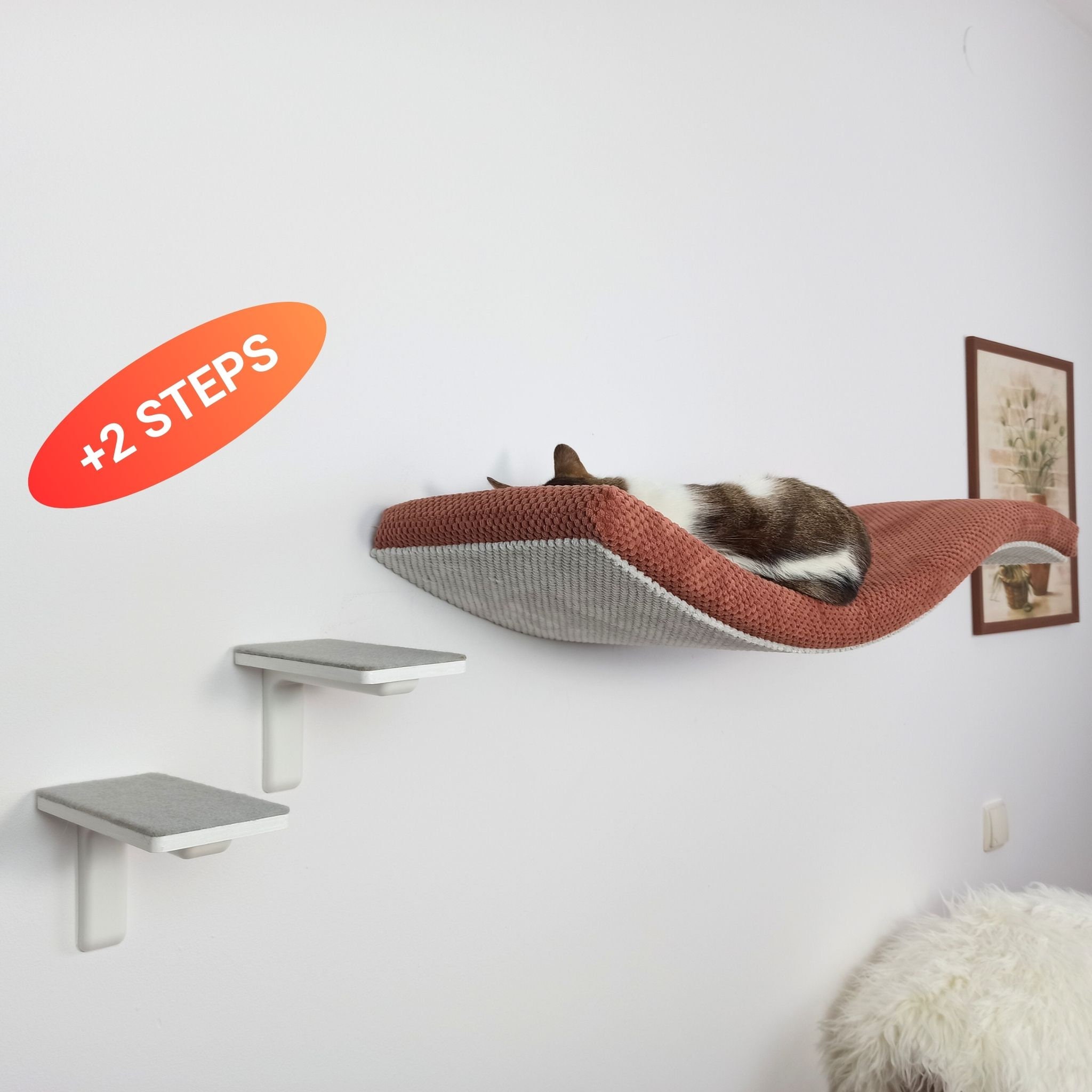 Wave Cat Shelf With 2 Steps, Modern Floating Bed, Washable Cushion