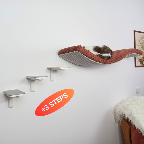 Wandgemonteerde kattenplank met 3 treden, modern golfontwerp