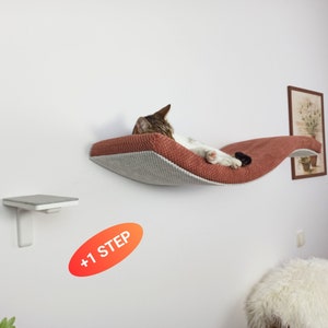 Lot lit pour chat + 1 marchepied mural pour chat, lit mural pour chat pour grands chats avec coussin amovible et lavable et fixation invisible