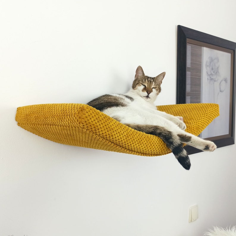 Katzenbett an der Wand befestigtes schwebendes Sitzstangenregal mit weichem Kissen, fester Schlafplatz, abnehmbares und waschbares Kissen, Premium Möbel A60, Bild 1