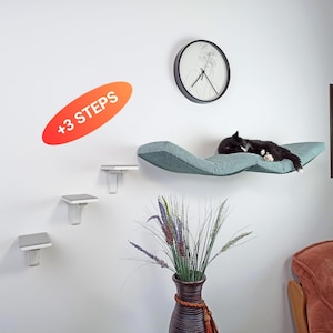 Bundle Cat shelf Double Arc 100 + 3 Cat wall Steps, floating Cat bed Modern wall furniture with pillow