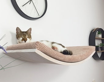 Étagère de perche en bois flottante murale pour lit de chat avec oreiller doux, endroit de couchage solide, coussin lavable amovible, meubles haut de gamme AW60