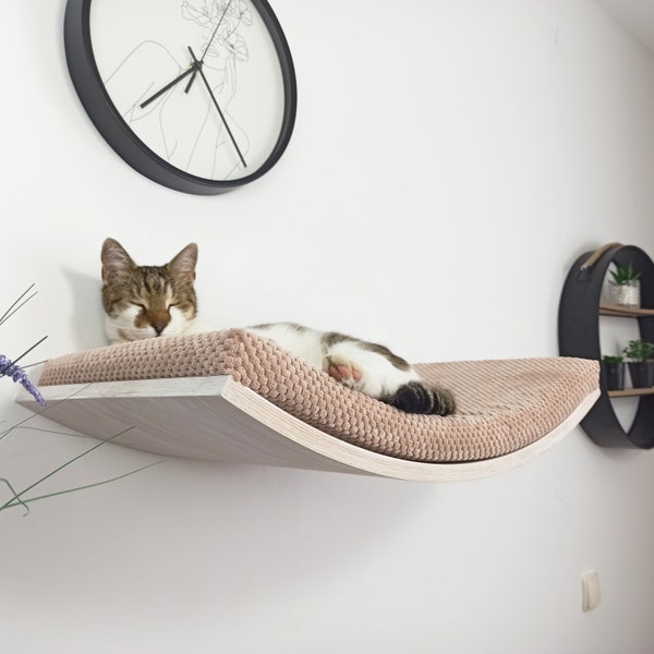 Katzenbett, an der Wand montiertes schwebendes Sitzstangenregal aus Holz mit weichem Kissen, solider Schlafplatz, abnehmbares waschbares Kissen, Premium-Möbel AW60