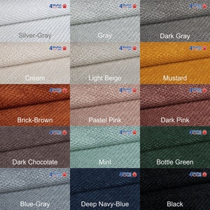 May include: A swatch card showing 12 different fabric colors. The colors are: Silver-Gray, Gray, Dark Gray, Cream, Light Beige, Mustard, Brick-Brown, Pastel Pink, Dark Pink, Dark Chocolate, Mint, Bottle Green, Blue-Gray, Deep Navy-Blue, and Black.