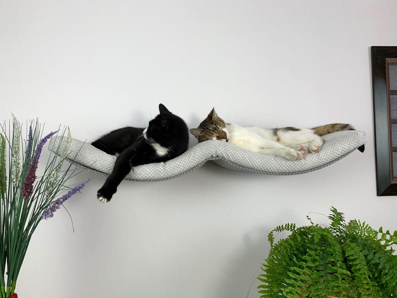 May include: Two cats sleeping on a gray, curved cat bed mounted on a white wall. The cat bed is made of soft, plush fabric and has a wave-like design. The cats are positioned side-by-side, with one cat on each side of the bed.