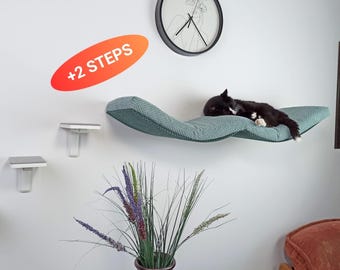Modern Cat Wall Shelf with 2 Steps, Double Arc Floating Bed