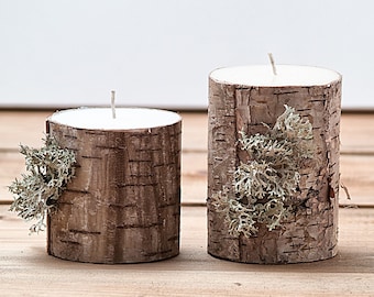 Birch wood branch candle set of 2, rustic wedding birch bark unity pillar candle decor, christmas centerpiece event candle for table rustic