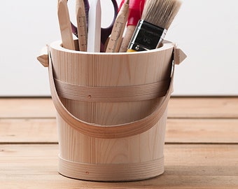 Wooden bucket for storing paint brushes, make up brushes, pen holder artist supplies holder unpainted basket with handle wood pail decoupage