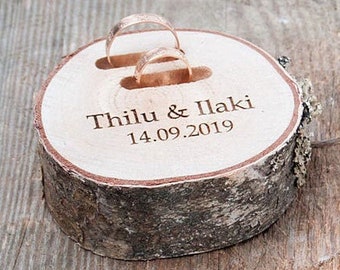Engraved ring holder dish, wedding proposal box, personalized wooden slice for rings
