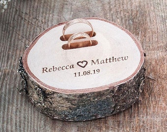 Wedding Ring Bearer Pillow, Personalized Wooden Ring Box, Rustic Ring Holder for Wedding Ceremony, Ring Wood Slice, Proposal Ring Box
