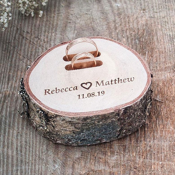Cuscino per portafedi nuziali, scatola per anelli in legno personalizzata, supporto per anelli rustico per cerimonia di nozze, fetta di legno per anelli, scatola per anelli di proposta