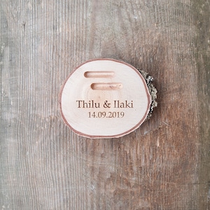 Engraved ring holder dish, wedding proposal box, personalized wooden slice for rings image 2