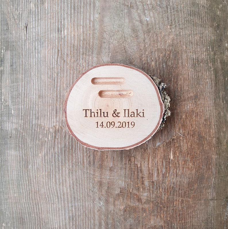 Engraved ring holder dish, wedding proposal box, personalized wooden slice for rings image 2