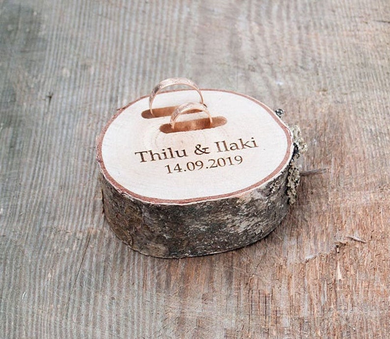 Engraved ring holder dish, wedding proposal box, personalized wooden slice for rings image 1