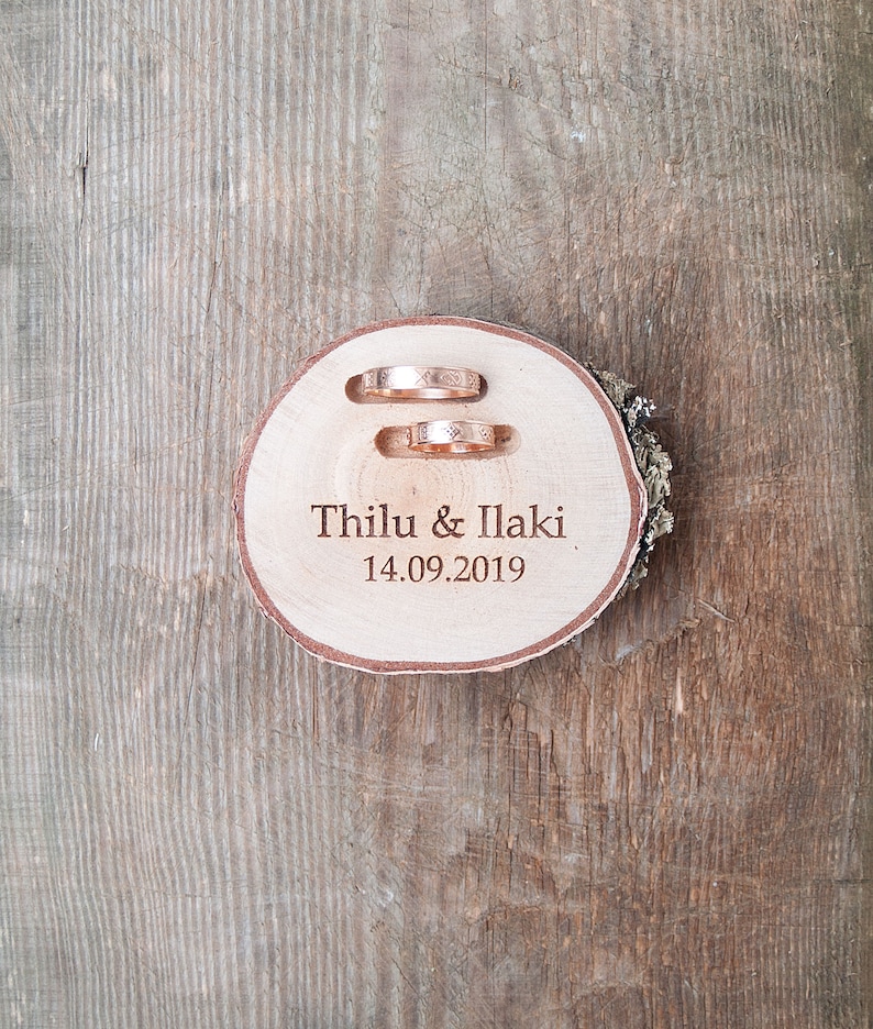 Engraved ring holder dish, wedding proposal box, personalized wooden slice for rings image 4