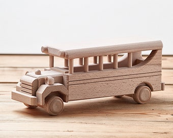 Wooden school bus toy, waldorf montessori toy, wooden car model with working wheels, unfinished DIY toy, eco toy birthday gift for boy