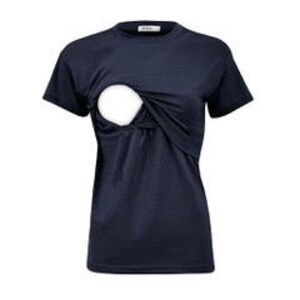 May include: A dark navy blue short-sleeved t-shirt featuring a layered design on the front chest area. The top layer of fabric is lifted to reveal a circular white opening underneath, creating a functional overlapping style with a crew neckline.