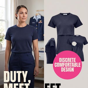 May include: A navy blue short-sleeved t-shirt featuring a layered design for nursing access. The shirt has a round neckline and a solid color finish. Text on the image includes MISS MILITARY MOM, DISCRETE COMFORTABLE DESIGN, and DUTY, MEET MOTHERHOOD.