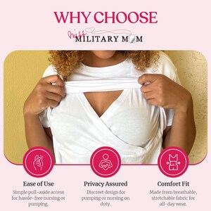 May include: A white short-sleeved t-shirt with a crossover front design. The text WHY CHOOSE MISS MILITARY MOM appears at the top. Three circular icons at the bottom feature text labels: Ease of Use, Privacy Assured, and Comfort Fit.