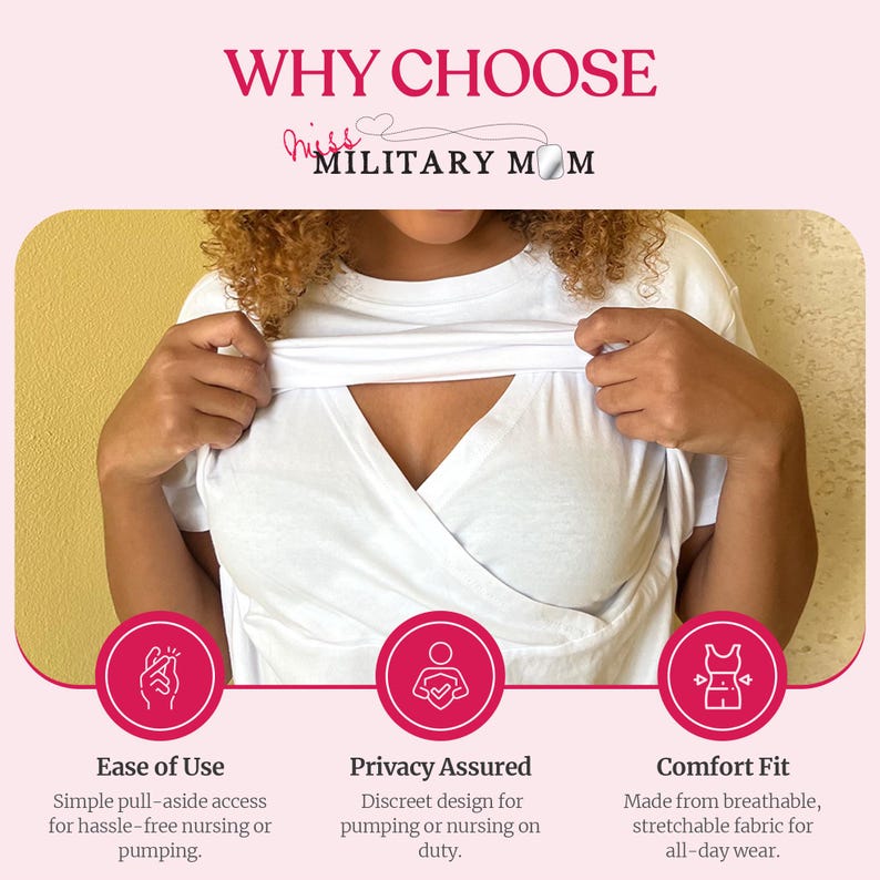 May include: A white short-sleeved t-shirt with a crossover front design. The text WHY CHOOSE MISS MILITARY MOM appears at the top. Three circular icons at the bottom feature text labels: Ease of Use, Privacy Assured, and Comfort Fit.