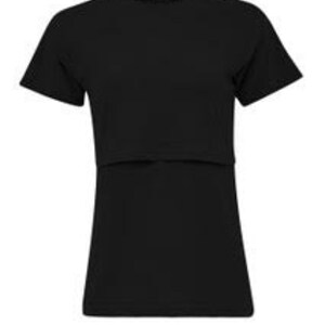 May include: A solid black short-sleeved t-shirt featuring a crew neckline and a horizontal layered panel design across the chest. The garment has a standard fit with a straight hemline and a small white brand label visible at the inner neck area.