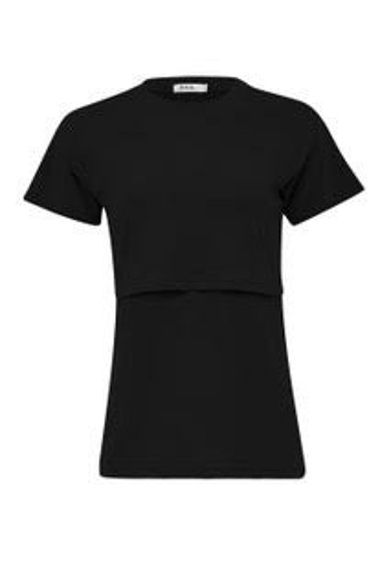 May include: A solid black short-sleeved t-shirt featuring a crew neckline and a horizontal layered panel design across the chest. The garment has a standard fit with a straight hemline and a small white brand label visible at the inner neck area.