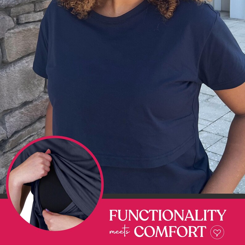 May include: A solid navy blue short-sleeved t-shirt featuring a horizontal flap across the chest. An inset circular image shows the flap lifted to reveal a black fabric layer underneath. The text "FUNCTIONALITY meets COMFORT" is printed below.