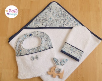 Liberty birth box, bath cape + washcloth + bib + teething ring