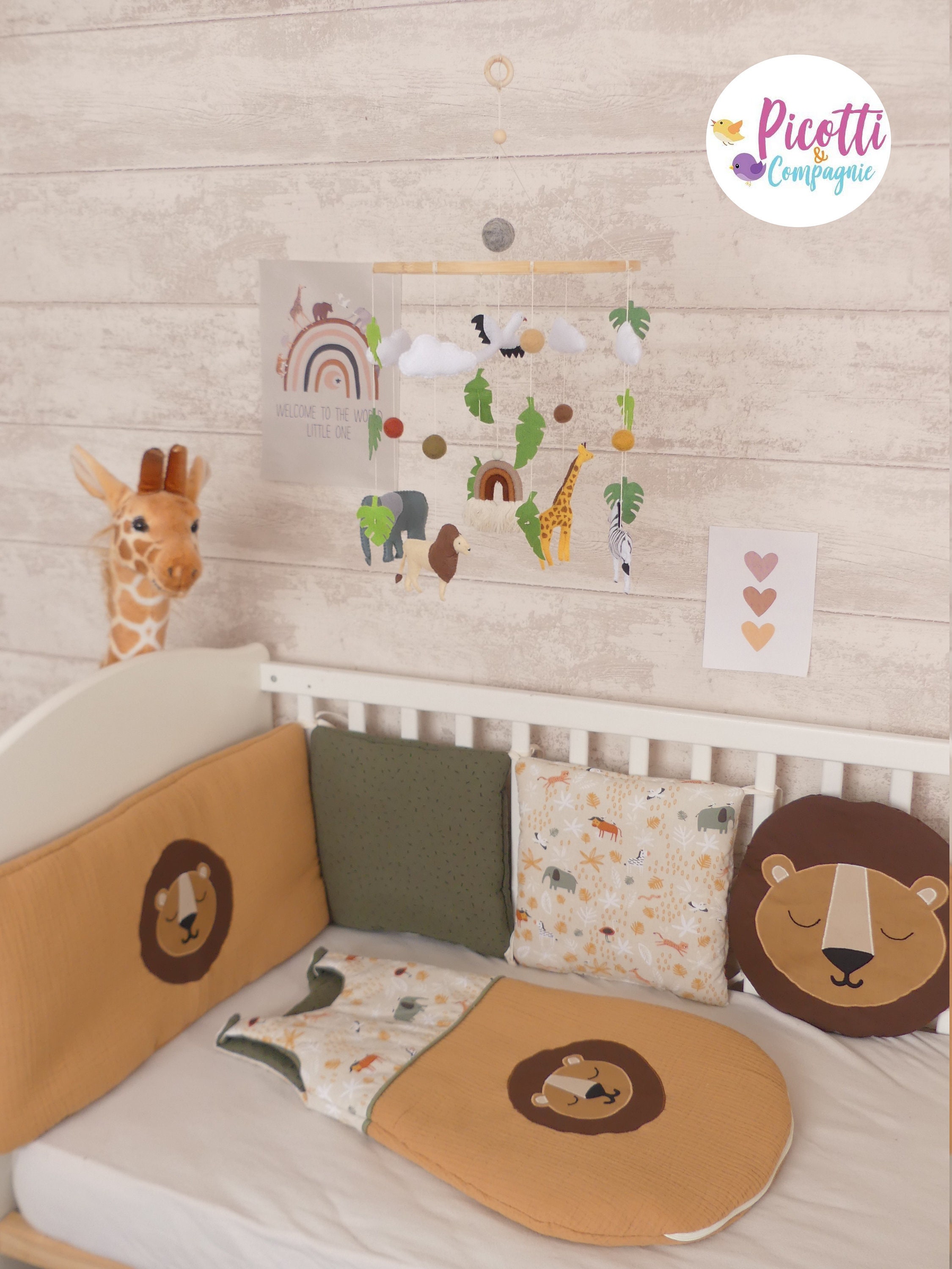 Tour de Lit Bébé Lion, Savane, Safari, Jungle, 7 Panneaux en Tissu Coton Oeko Tex et Double Gaze Tex