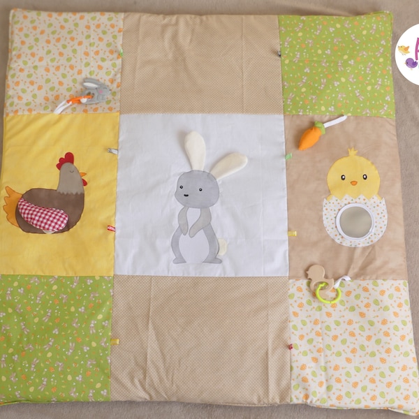 Tapis d'éveil oeko tex sensoriel Pâques/ferme pour bébé avec miroir,tapis de jeu,montessori,lapin,poule,poussin,tapis de jeu