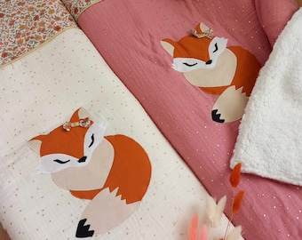 Fleece blanket in double gauze with gold polka dots and fur for baby fox theme, flowers personalized with or without the first name