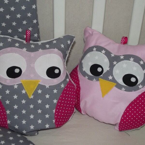 Coussin ou doudou hibou en coton et minky pour bébé rose et gris