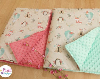 Baby blanket 95*75 cm on the theme of fox, rabbit, hedgehog, hot air balloon